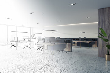 Unfinished office interior design project. 3D Rendering