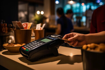 Fototapeta na wymiar Closeup of customer paying with card in a café
