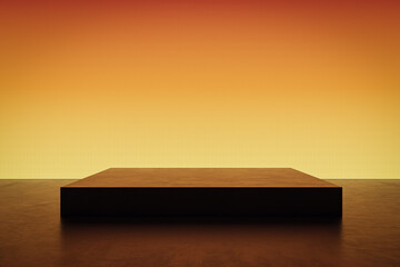 Blank orange light wall and concrete floor with square pedestal background. 3D Rendering