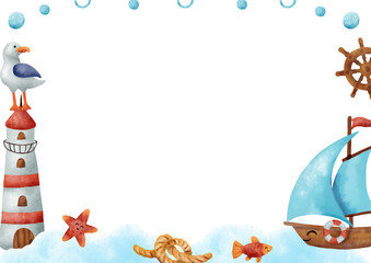 Frame with cute sailboat, lighthouse, gull and helm for nautical greeting card, birthday, invitation, poster. Space for text. Hand drawn illustration.