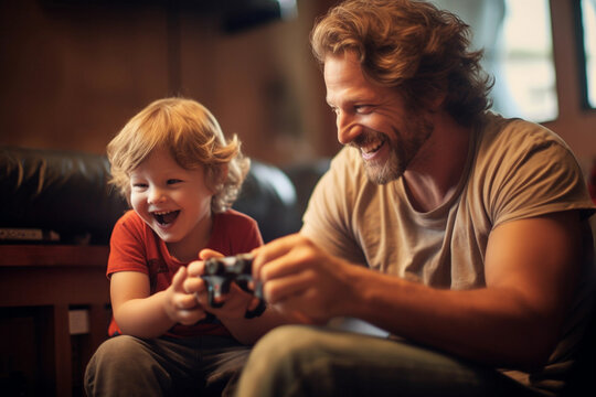 Candid moment of father and young son playing video games together and laughing