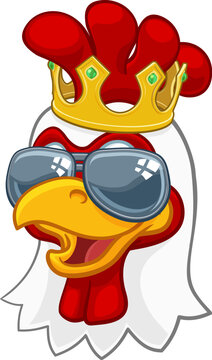 A chicken rooster cockerel bird cartoon character in a kings gold crown and cool shades or sunglasses