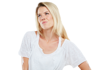 Thinking, woman and face of confused, frustrated or person with problem on isolated, transparent or png background. Girl, student or model with question, decision or crisis in college or university