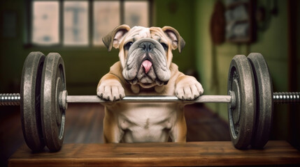 An adorable fat Funny Bulldog puppy alongside a barbell in the gym, fitness aspirations generated ai.