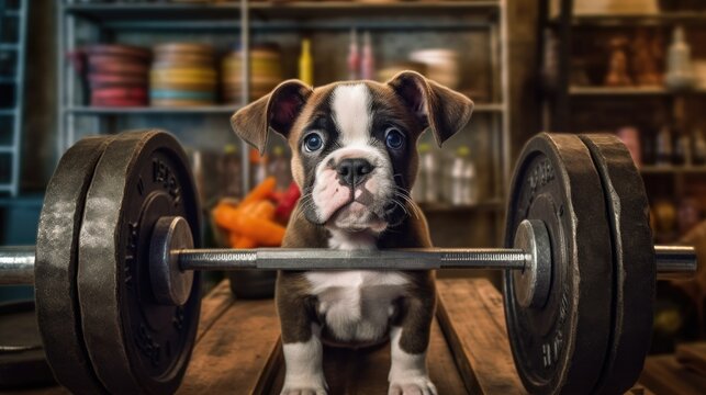 An adorable unhappy puppy alongside a barbell in the gym, fitness aspirations generated ai.