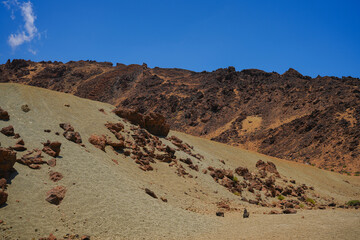 Beautiful rocky desert landscape on Teide park on Tenerife island on the sunny day.