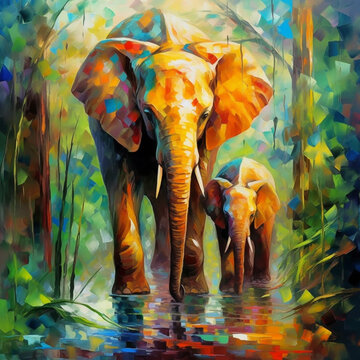 Elephant mother and young baby calf abstract animal artwork painting. Generative AI