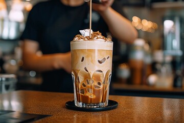 Naklejka premium Iced cafe latte being prepared in a café