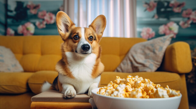corgi Dog with popcorn preparing to watch TV, generated ai.