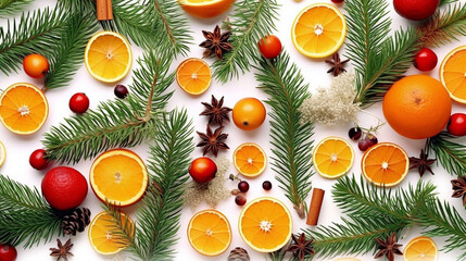 Christmas styled composition. Tangerine citrus fruit and leaves, fir tree branches, anise stars, holly berries and little apples on white table background.  AI Generative Image