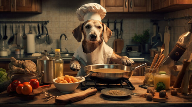 A skilled dog chef in the kitchen, passionately preparing food, showcasing culinary expertise generated ai.