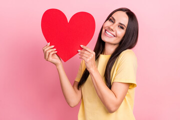 Photo of cute shiny lady wear yellow t-shirt rising big red heart smiling isolated pink color background