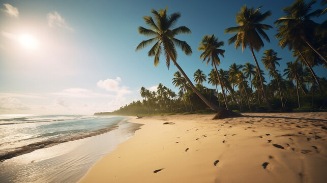 A sunny beach with palm trees
