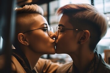 Two young women spending time together, kissing. LGBT, lesbian couple, relationship. Diversity, homosexuality. Partners with non-traditional sexual orientation. Sensual moment. Generative AI.