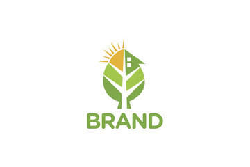 Creative logo design depicting a house and a sun inside 
 a leaf,designated to the real estate industry.