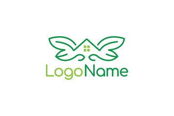 Creative logo design depicting a house with green leaves ,designated to the real estate industry.