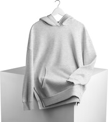 Grey unisex hoodie mockup on hanger, on cube, png, front view