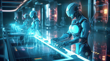 Futuristic AI-driven robot coordinates global network via holographic interaction, showcasing neural processing