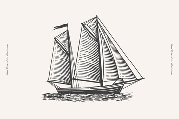 Marine sailboat floating on the water surface. Sea ship in engraving style. Hand drawn vector illustration. Water transport. © KOSIM