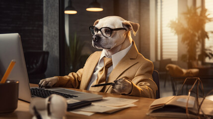 The dog is dressed in a businessman costume, cool and stylish, an employee in the office, a boss, a successful manager, caricature, generated ai.