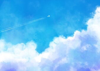 入道雲と飛行機雲の夏の水彩背景素材