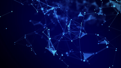 Futuristic geometric flow with connecting points and lines. Abstract blue digital background. Global network concept. Big data complex with compounds. 3D rendering.