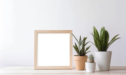 Scandinavian style: empty wooden photo frame and potted plant on white table Creating using generative AI tools