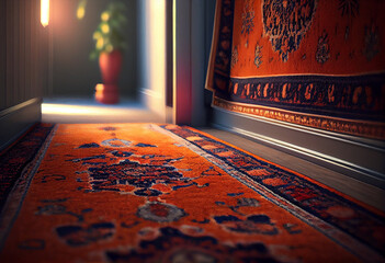 Persian Carpet Texture, abstract ornament. Round mandala pattern, Middle Eastern Traditional Carpet Fabric Texture in living room. Generative AI