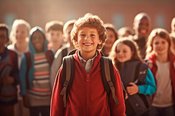 Fototapeta premium Happy boy at school with his classmates in the background