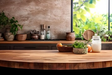 Fototapeta na wymiar aesthetic wood table foreground with kitchen background, banner mockup for product display, generative ai
