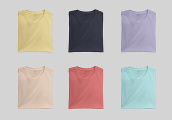 Mockup of bright folded t-shirts, shirt with label isolated on white background, front view. Set