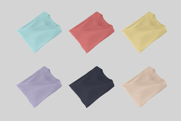 Mockup of bright diagonally folded t-shirts, shirt with label, for design, branding, commerce,...
