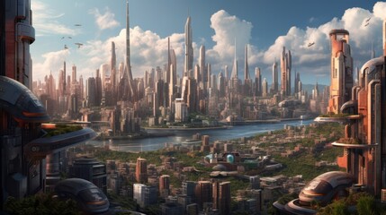 AI-rendered robot presenting a panoramic view of a modern cityscape from a high vantage point