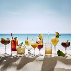 Multicolored alcoholic cocktails in glasses on a sandy beach against the background of the blue sea, Generative AI, generative artificial intelligence