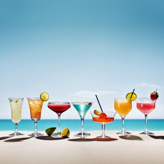 Multicolored alcoholic cocktails in glasses on a sandy beach against the background of the blue sea, Generative AI, generative artificial intelligence