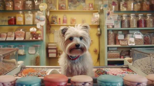 A dog captures attention in a store, sitting. sweets generated ai.