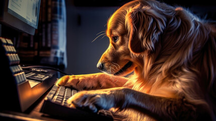 A smart and focused labrador dog sits in a room, attentively operating a computer, showcasing intelligence and adaptability generated ai.