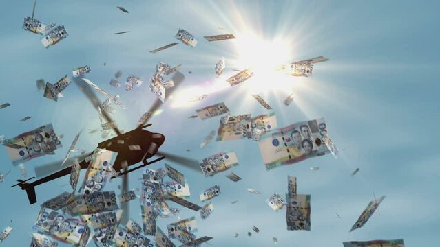 Philippines Peso banknotes helicopter money dropping. Philippine Pesos PHP notes abstract 3d concept of inflation, money printing, finance, economy, crisis and quantitative easing.