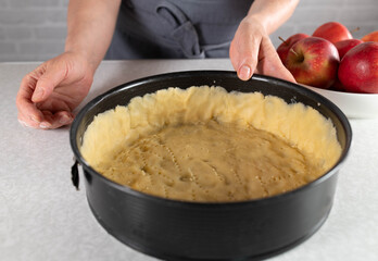 Poked short crust in a round baking pan 