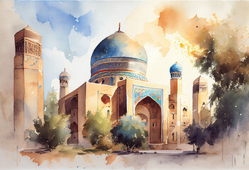 Uzbekistan architecture, fine art watercolor. AI generative content