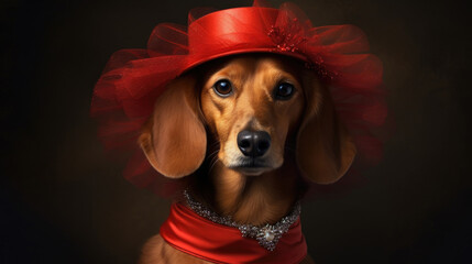 A regal portrait of a Renaissance dog, exuding elegance and sophistication with an air of historical charm and grace. The Red Hat generated ai.