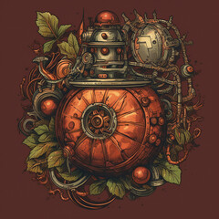  pomegranate, products, enginer, generative, ai, steampunk, background, clockwork, brooch, jewelry