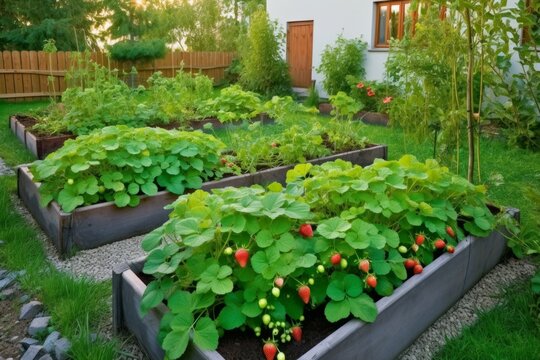 Rectangular beds strawberry yard garden. Generate Ai