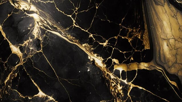 Luxury Black Marble stone with gold lines background texture. Slow panoramic camera motion, macro with deep focus (blur). High detailed 4K video.  Pattern texture surface panning background. 