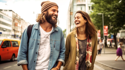 Berlin's vibrant streets, a backdrop for a radiant couple, their laughter echoing the city's spirit, a perfect summer day captured. Street Photography. Generative AI