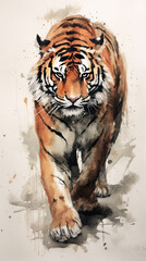Bengal tiger, Japanese sumi-e ink and watercolour style painting. Front view portrait of a walking animal. Generative AI.