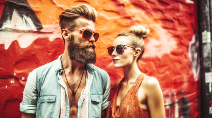 Berlin's vibrant streets, a backdrop for a radiant couple, their laughter echoing the city's spirit, a perfect summer day captured. Street Photography. Generative AI