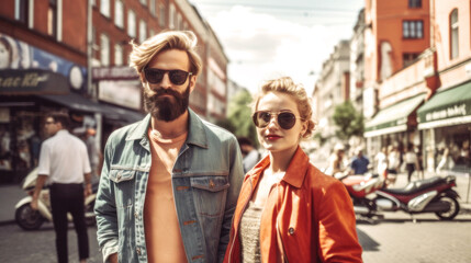 Obraz premium Berlin's vibrant streets, a backdrop for a radiant couple, their laughter echoing the city's spirit, a perfect summer day captured. Street Photography. Generative AI