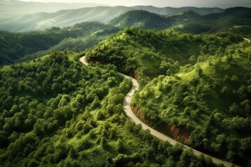 Mountain winding road between forests. Generative AI