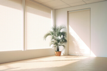 Empty White Room With Window Shades, Flowers, And Palm Leaves. Generative AI
